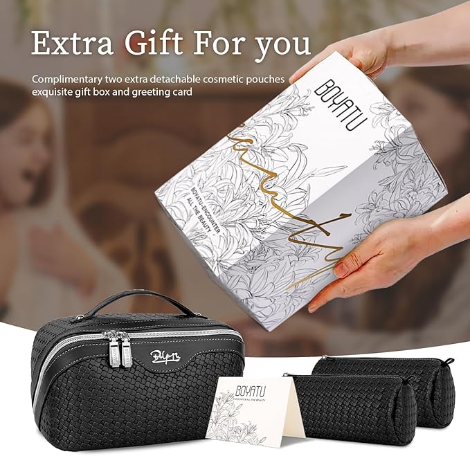 BOYATU Travel Makeup Bags for Women: 3-Set Large Capacity Make up Bags with Compartments - PU Leather Cosmetic Bag for Traveling (L08 Black)