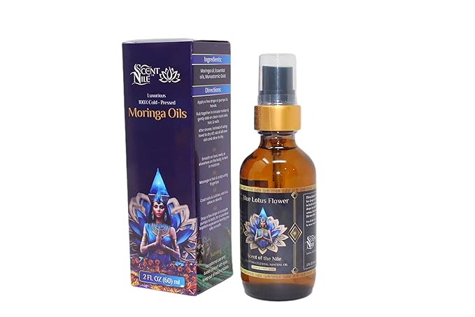 Pure Organic Moringa Oil with Blue Lotus Flower & Ormus Gold โ Hydrating & Anti-Aging Oil for Skin, Hair & Nails โ Premium 100% Cold Pressed Moringa Seed Extraction, Nourishes & Hydrates Skin