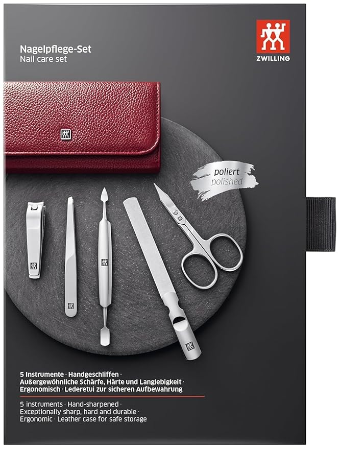 manicure set travel size 5-piece with nail clippers in 100% leather case, Red