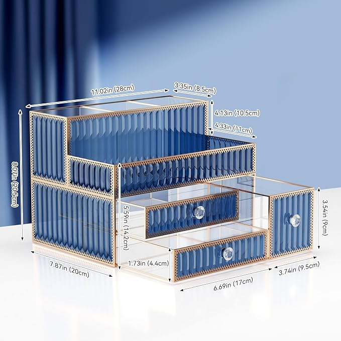 Makeup Organizer Blue - Tempered Glass Vanity Organizer for Cosmetics, Skincare, Hair Tools, Brushes, Perfume - Multipurpose Bathroom Counter Skincare Organizer