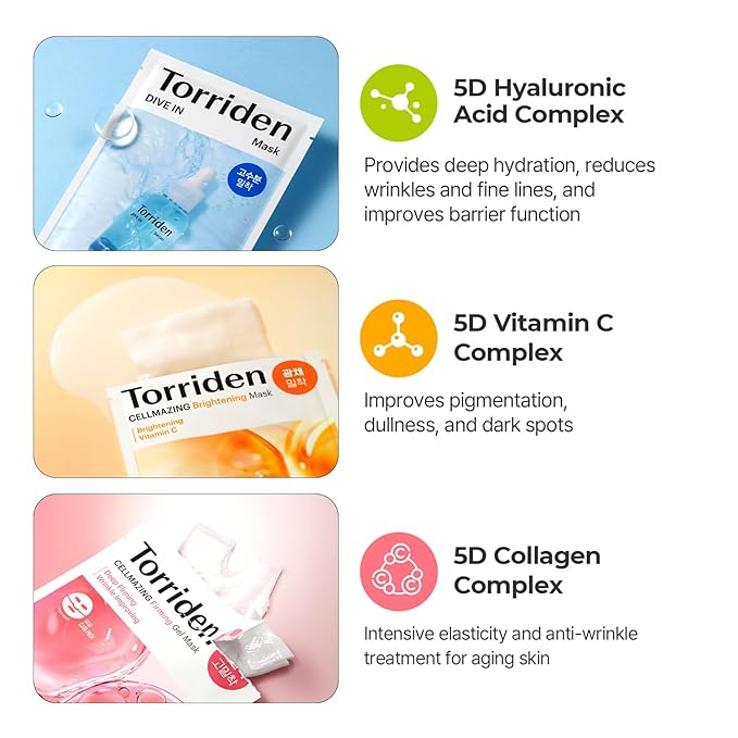 Torriden Special Mask Set (15 sheets) | DIVE IN Hyaluronic Acid Mask (5 sheets) + CELLMAZING Vita C Mask (5 sheets) + CELLMAZING Collagen Firming Gel Mask (5 sheets) | Korean Face Mask