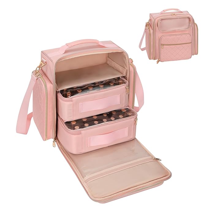 OCHEAL Nail Polish Organizer Case for 50-60 Bottles (15ml) - Portable Manicure Storage Bag with 2 Detachable Pouches, Nail Lamp Compartment & Tools Sections - Travel-Friendly Cosmetic Bag, Pink