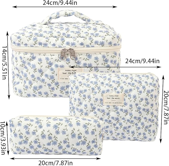 Makeup Bag, 3 PCS Quilted Makeup Bag, Cute Floral Cotton Cosmetic Bag set, Coquette Makeup Pouch Large Travel Toiletry Bag