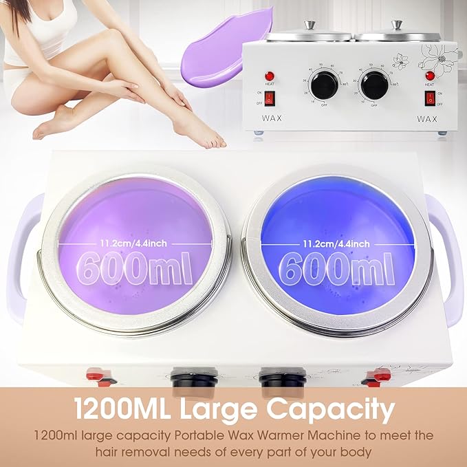 1.2L Double Wax Warmer Machine for Hair Removal, Professional Electric Wax Heater with Adjustable Temperature, Including 40PCS Wooden Wax Sticks