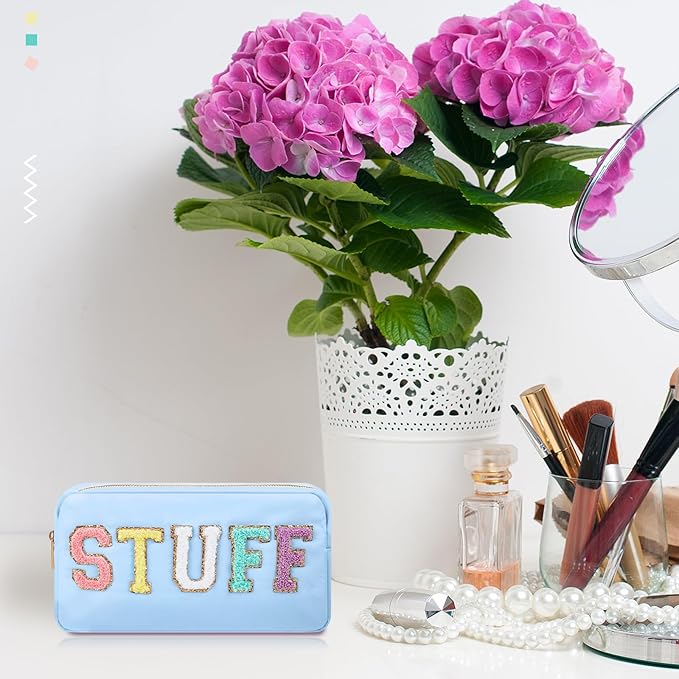 2 Pcs Preppy Chenille Letter Duffle Bag and Makeup Pouch, Travel Tote Bag Cosmetic Zipper Patch Makeup Bag (Blue)