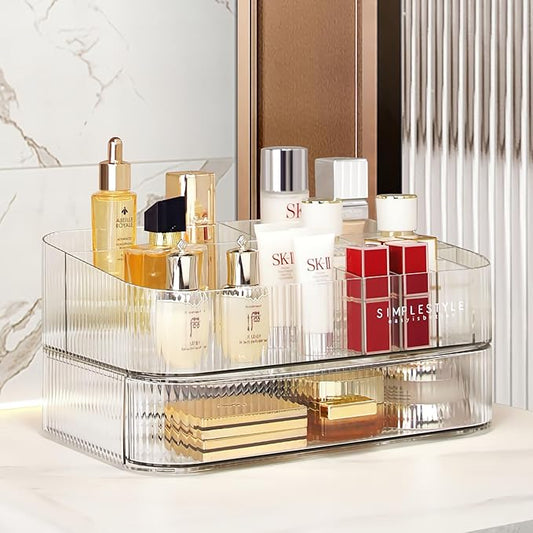 Clear Makeup Organizer for Vanity, Large Desk Organizer with Stackable Drawer for Cosmetics, Skincare, Lipsticks, Palette, Nail Care, Ideal Storage for Dresser and Bathroom Countertop
