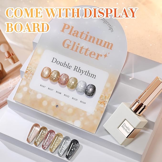 Double Rhythm 0.5 Oz Glitter Gel Polish Set of 6 Color with Display Borad 15 ml Full Size Kit Shimmer Reflective Sparkle Soak Off Manicure Salon DIY at Home (Rose Gold Silver Black Bright-T6-38)