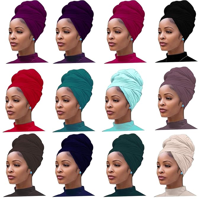 12 Pieces Head Wrap Scarf Stretch Jersey Turban Extra Long Ultra Soft Urban Headwraps for Women Solid Color African Headwear Headband Tie Wholesale Set02