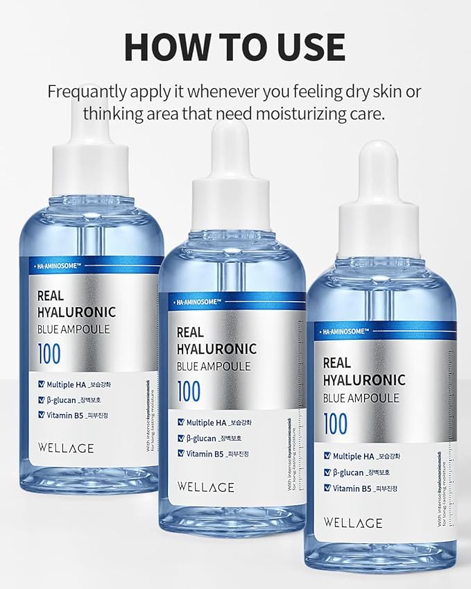 WELLAGE Real Hyaluronic Blue Ampoule 100, Korean Serum, Fragrance Free Hyaluronic Acid Ampoule with Panthenol, Wild yam, Centella for Sensitive Dry Skin Moisturizer 2.54 fl.oz