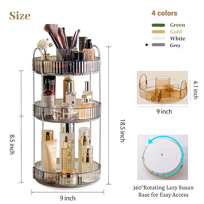 Aveniee 360° Rotating Makeup Organizer for Vanity, Upagraded Perfume Skincare Bathroom Counter Organizers with Brush Divider, 3 Tier Spinning Lipstick Cosmetic Makeup Lotion Storage Organizer (Grey)