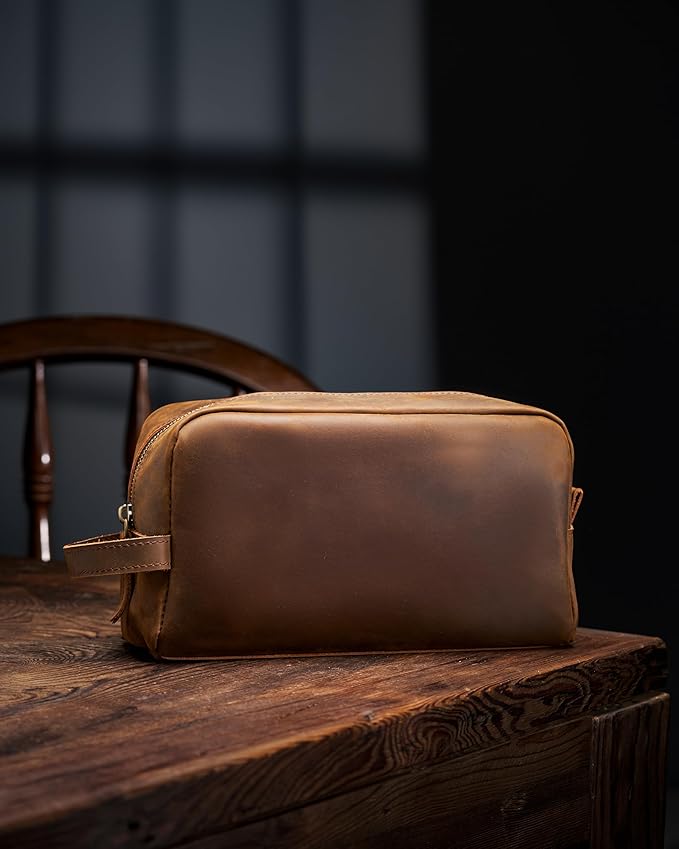 Awesometik Mens Travel Bag Toiletries Organizer Case for Grooming, Toiletry Bag for Men, Travel Essentials Shaving Dopp Kit, Geniune Leather Water Resistant Cosmetic Bag Pouch (Light Brown)