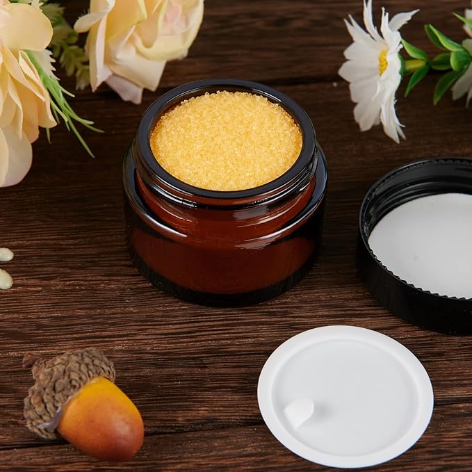 1oz Glass Jar with Lid, Hoa Kinh 30Pack Amber Round Containers Cosmetic Glass Jars with Inner Liners and Black Lids Travel Jars for Storing Lip and Body Scrub, Lotion, Body Butter, Bath Salts, Liquid