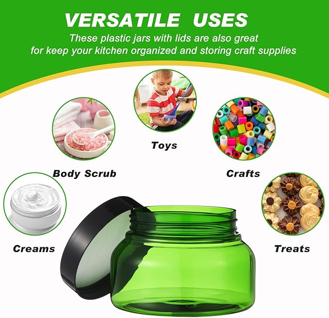 Tessco 24 Pack Plastic Jars with Lids Labels Empty Clear Plastic Jars Round Refillable Cosmetic Containers Body Butter Containers Bulk Sugar Scrub Bottle for Make Up(8 oz,Green, Black)