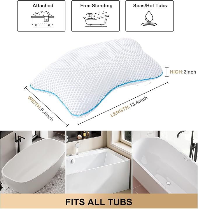 Non Slip Bath Pillow, Luxury Spa Bathtub Head & Neck Rest Support, Permeable Quick Drying Air Mesh Tub Pillow with 4 Large Suction Cups, Fits Any Tubs, Soft and Relaxing