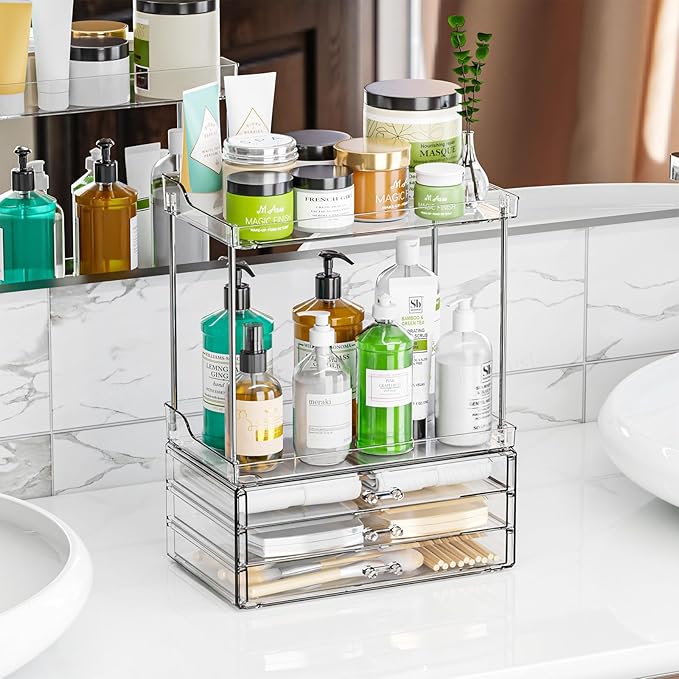 2 Tier 3-Drawer Bathroom Counter Storage Organizer - Stackable Design - 14.4" Tall Large Cosmetic Organizer Suitable as Makeup,Beauty,Face Product,Lotion,Skincare Organizer,Clear
