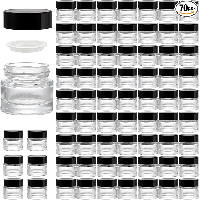 Coloch 70 Pack 10ml Thick Glass Jars with Airtight Lid, Clear Round Lip Balm Container Tiny Sample Jar for Cosmetics, Lotion, Cream, Makeup, Samples, Wax, Skincare, Travelling, Retail Store