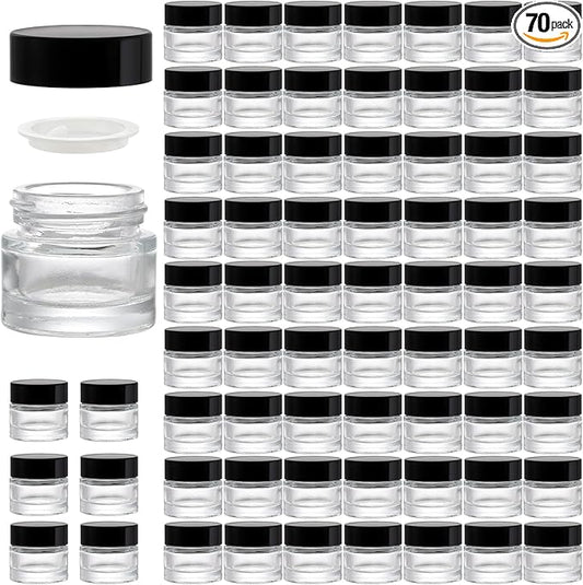 Coloch 70 Pack 10ml Thick Glass Jars with Airtight Lid, Clear Round Lip Balm Container Tiny Sample Jar for Cosmetics, Lotion, Cream, Makeup, Samples, Wax, Skincare, Travelling, Retail Store