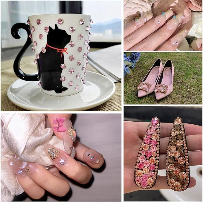 Beadsland 8300PCS Flatback Rhinestones, Pink Rhinestone Round Crystal Rhinestones for Crafts, Mixed 10 Sizes with Wax Pencil and Tweezer Kit, SS3-SS30, Light Rose/Light Pink