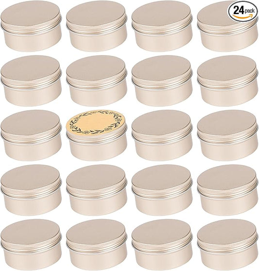24 Pack 4oz/120ml Screw Top Aluminum Tin Jars with Screw Lids and Blank Labels - Refillable 120ml Metal Containers for Lip Balms, Candles, Salves, Spices, Crafts(Champagne)