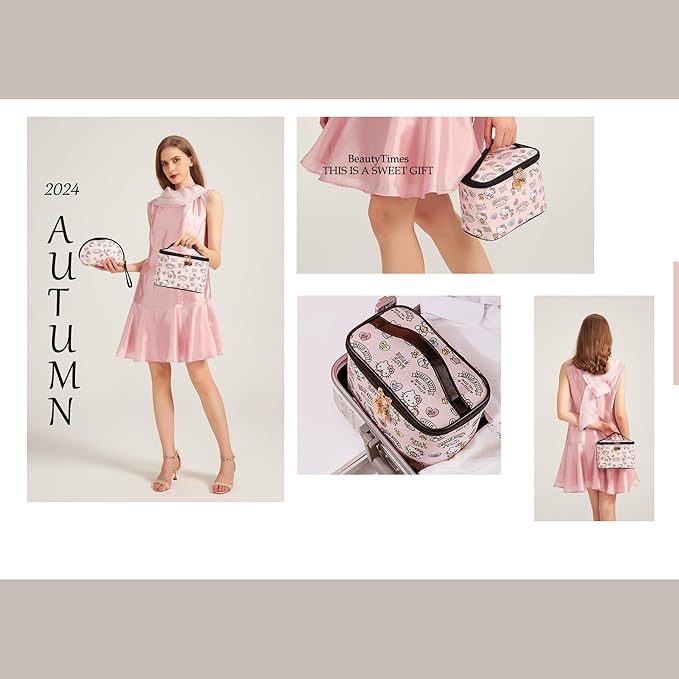 AmBealla Cosmetic Bag Large Makeup Bags Pink Travel Case with Makeup Brush Holder,2PCS Cosmetic Organizer for Women, Toiletry Storage Bag for Skincare & Beauty Tools Sweet Cute for Girls