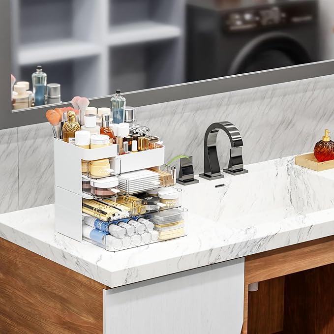 SuoXing Makeup Organizer for Vanity,Large 6 Drawers Make up Organizers for Counter,Plastic Cosmetic Storage Organizer for Dresser Countertop or Bathroom,Beauty Holder for Lipstick,Brush,Skincare,White