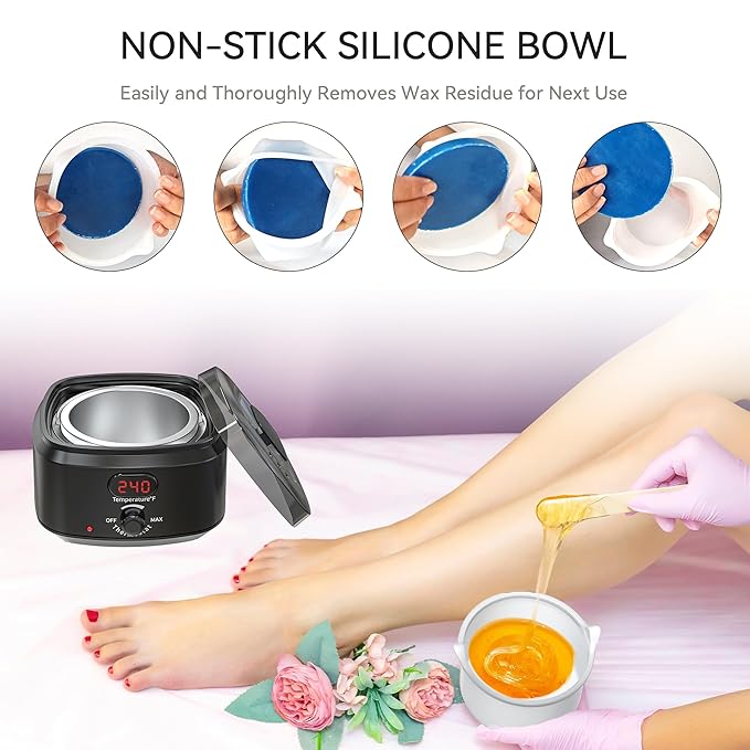 Waxing Kit for Women Men, Digital Wax Kit with Silicone Bowl & 4 Bags Hard Wax Beads, Portable Wax Warmer for Sensitive Skin Full Body Hair Removal, Brazilian Bikini, Eyebrow, Face (Black)