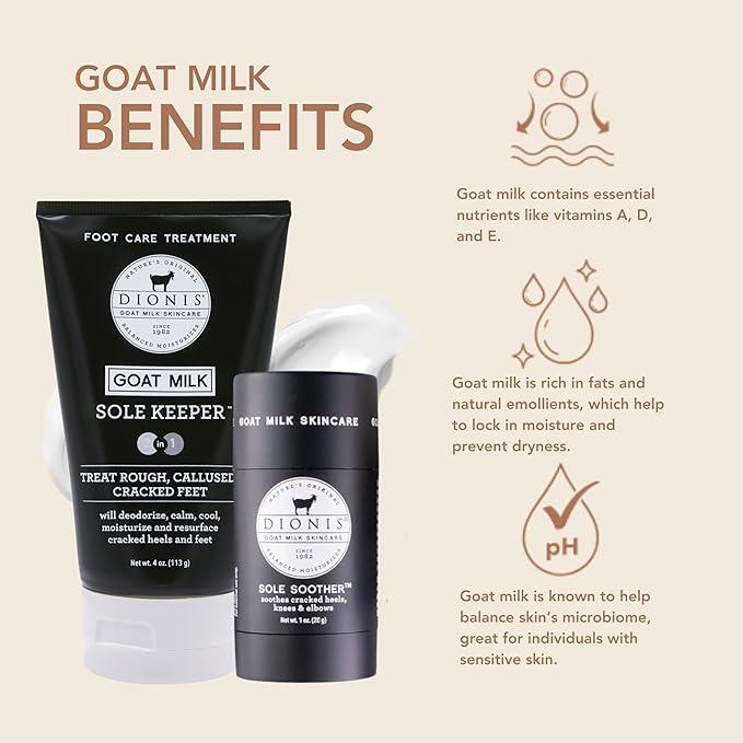Dionis Goat Milk Skincare Sole Keeper & Soother - Deodorize, Calm, Cool, Moisturize & Resurface Feet-Treats Repairs & Soothes Rough Dry Callused Cracked Skin, Cruelty-Free Cream, 4 oz & .78 oz Set