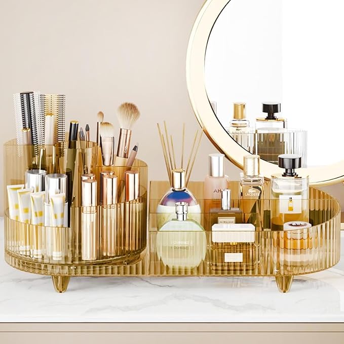 Rotating Makeup Organizer for Vanity with Brush Holder, Cosmetic Makeup Storage Organizer, Large Spinning Makeup Skincare Organizer, Countertop Makeup Perfume, Lotions Display Case (Transparent Gold)