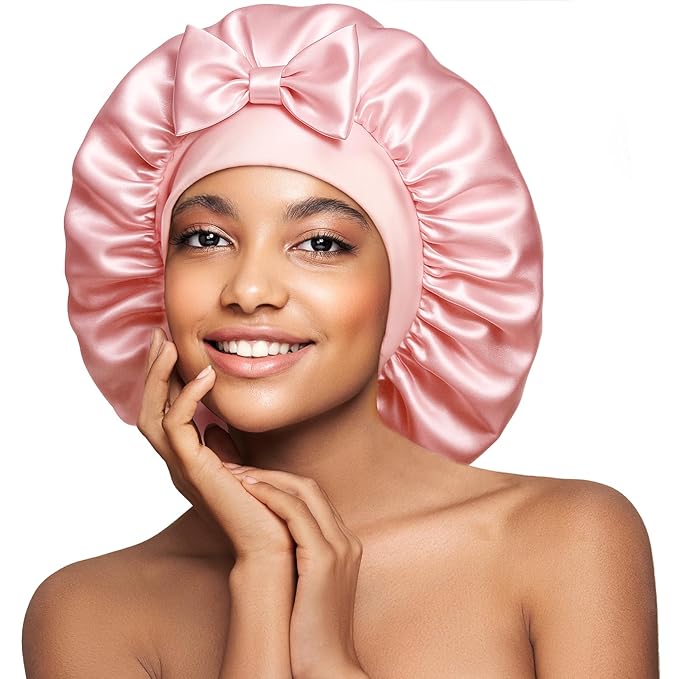 Umisleep Large Silk Bonnet for Sleeping Women, 100% Double Layer 22 Momme Mulberry Silk, Non Slip Hair Bonnet with Adjustable Band for Curly Long Hair, Pink