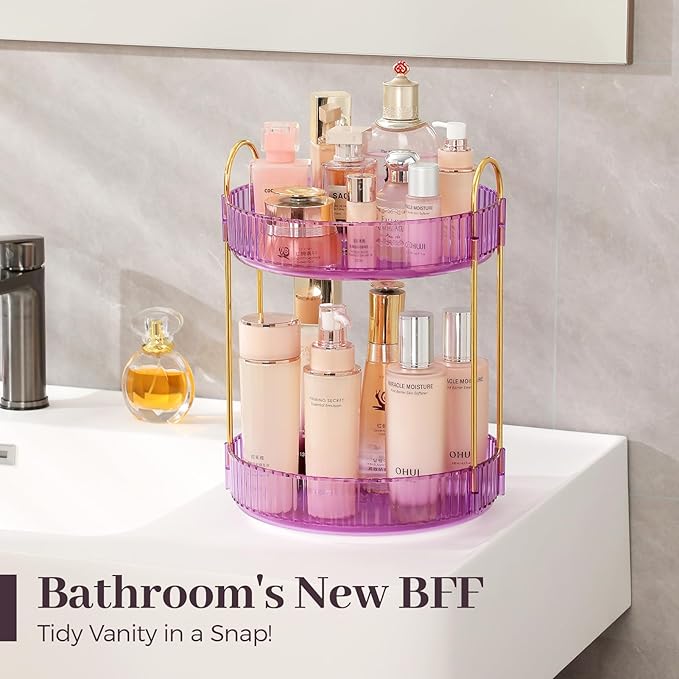 Aveniee Rotating Makeup Organizer for Vanity, Perfume Skincare Organizers Spinning, 2 Tier Bathroom Countertop Storage Organizer, Cosmetics Lipstick Holder for Countert Dresser(Purple)