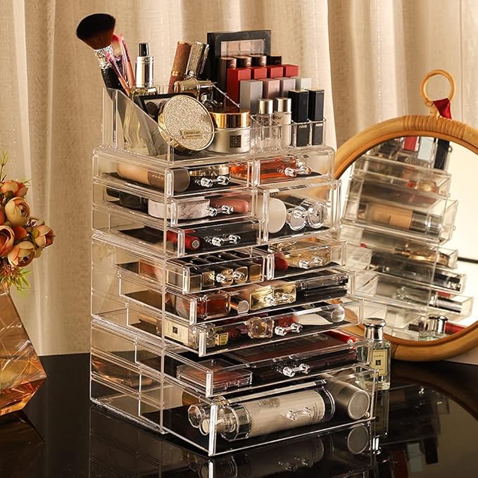 Cq acrylic 4 Pack Clear Skincare Organizer for Vanity,Stackable 11 Drawers Make Up Organizer,Cute Cosmetic Organizer for Vanity Jewelry,Hair Clip,Beauty,Skincare Product Dresser Acrylic Desk Organizer