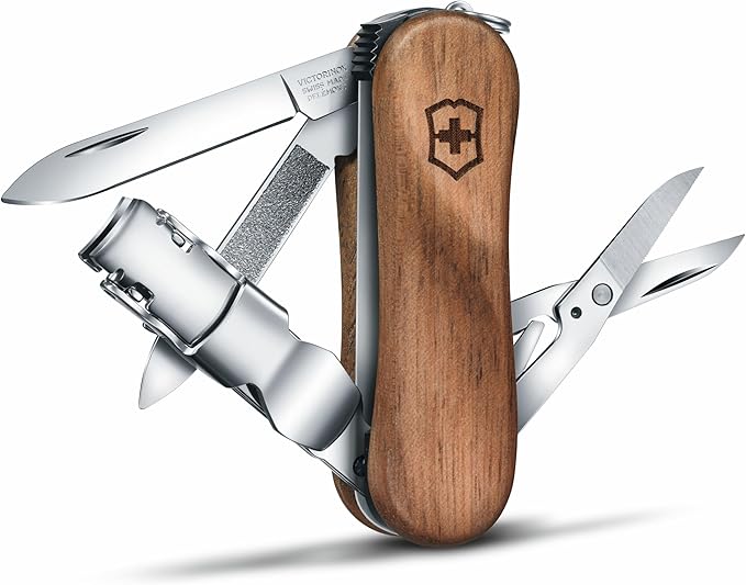 Victorinox Nail Clip 580 Wood Swiss Army Knife, 6 Functions, Swiss Made Pocket Knife with Nail File, Nail Cleaner and Small Blade - Walnut