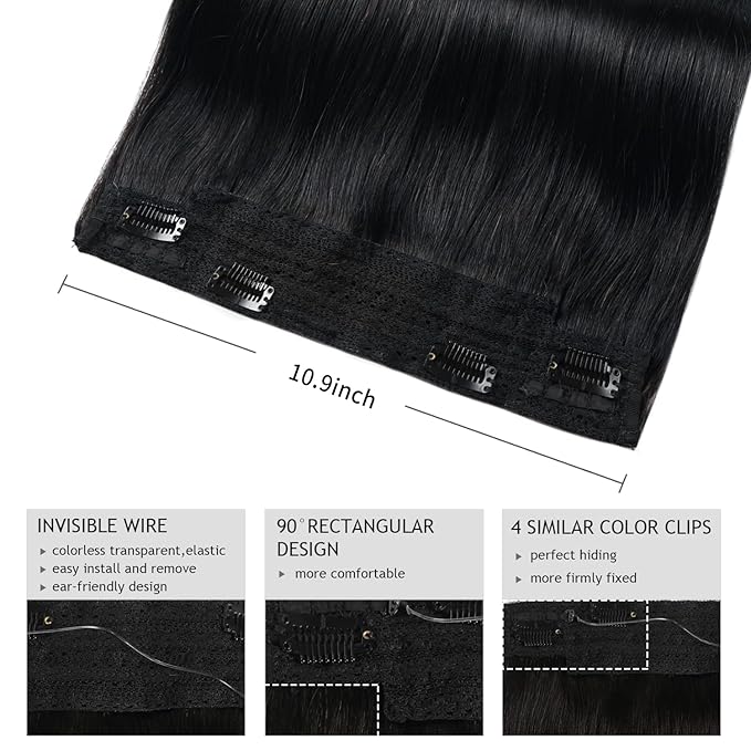 YILITE Wire Hair Extensions Human Hair, 100% Remy Human Hair, Jet Black 18 Inch 95g Hairpiece, Invisible Natural Straight with Transparent Line and 4 Clips