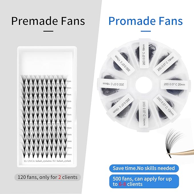 Premade Fans Short Stem 500 PCS 20D Eyelash Extensions 0.07mm C/D Curl 9-16mm Mixed WENDY LASHES Russian Volume Pre-made Lash Extension (500PCS-20D-0.07-D, 9-16mm mixed)