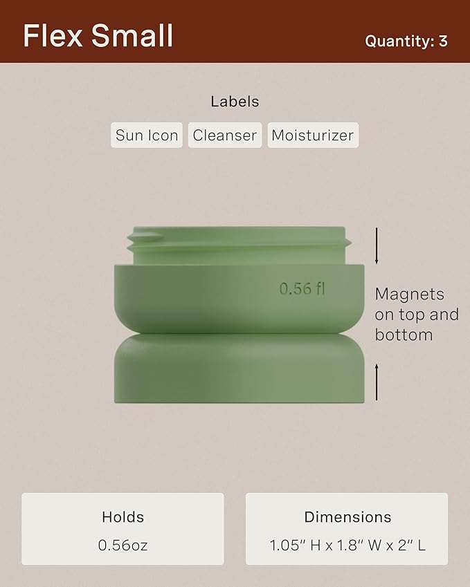 Cadence Travel Containers - Basic Skincare Set - Magnetic Travel Capsules - Facial Cleanser, Moisturizer, Sunscreen - 3 Small Capsules (0.56oz) with Cleanser, Moisturizer & Sun-Icon Label - Pacific