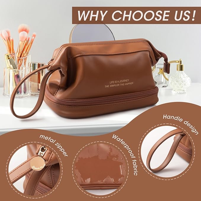 Abiudeng Large Capacity Makeup Bag Ladies Cosmetic Bag Travel Bag with Compartments Portable PU Leather Travel Makeup Bag with Handle