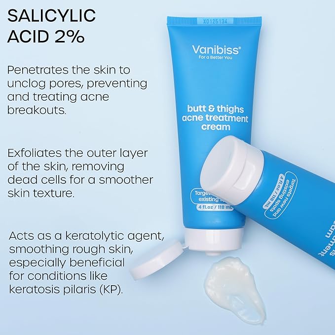 Vanibiss Butt & Thighs Acne Treatment Cream - Reduce Bum Acne, Pimples & Zits - Clearing Acne Lotion for Buttocks - 2% Salicylic Acid for Acne Prone Skin (4oz)