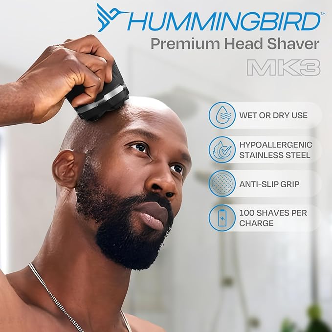 HUMMINGBIRD™ Head Shavers for Bald Men - MK3 Mens Head Shaver, Detachable Head, Wet/Dry Electric Razor, Rotary Bald Head Shavers for Men, Waterproof, Cordless USB-C Rechargeable Skull Shaver with case