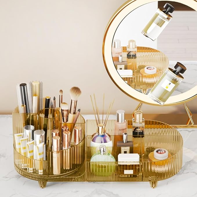 Rotating Makeup Organizer for Vanity with Brush Holder, Cosmetic Makeup Storage Organizer, Large Spinning Makeup Skincare Organizer, Countertop Makeup Perfume, Lotions Display Case (Transparent Gold)