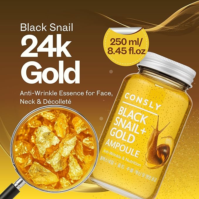 CONSLY_Black Snail Mucus & 24K Gold Ampoule-Serum | Nourishing Anti-Wrinkle Essence for Face, Neck & Décolleté | Hydrating, Revitalizing, Firming | 250ml / 8.45 fl.oz