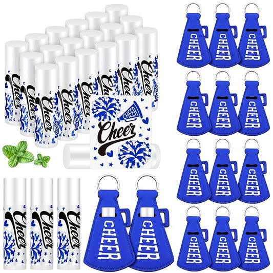 18 Sets Blue Red Cheer Favors Natural Bulk Lip Balm and Moisturizing Lipstick Holder Keychains Set Cheerleader Cheerleading Gift for Team Teen Sports Party Supplies(Blue)