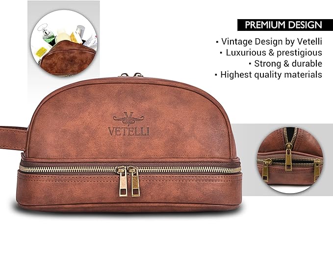 Vetell Classic Leather Men's Travel Toiletry Bag and Dopp Kit with Upper and Lower Zippered Compartments, 2 Mesh Bottle Pouches and Carrying Handle