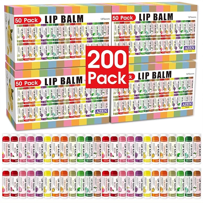 AZEN 200 Pack Lip Balm, Natural Lip Balm Bulk, Lip Care Product, Moisturizing Lip Balms for dry cracked lips - 12 Flavors