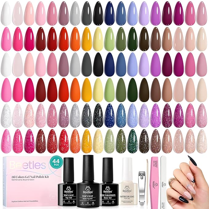 beetles Gel Polish 44pcs Gel Nail Polish Set 36 Colors Nail Polish Set with Base Coat Glossy Matte Glitter Top Coat Nude White Pink Red Blue Gel Gifts for Mom Colorful Muse Collection