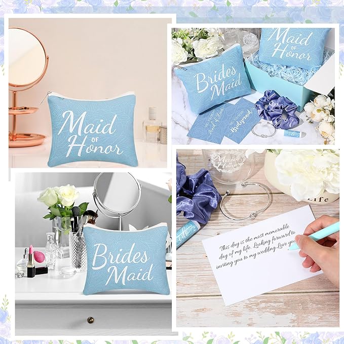 54 Pcs Bridesmaid Proposal Gifts Bridesmaid Box Set Include Bridal Shower Gift Box Makeup Bag Invited Card Glass Cup Lip Balm Scrunchie Hair Knotted Bracelet for Maid of Honor(Blue)