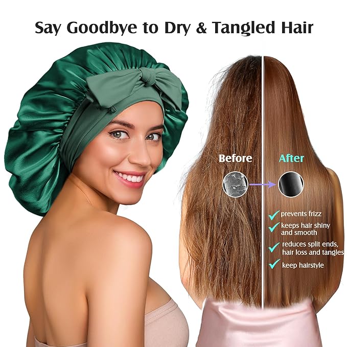 YFONG 100% 22 Momme Mulberry Silk Bonnet for Sleeping Women, Larger Double Layer Silk Hair Wrap for Curly Short Long Hair, Non-Slip Sleep Cap Turban with Elastic Tie Band for Hair Care, Green