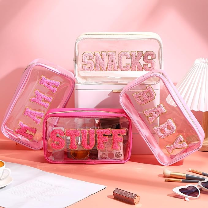4 Pcs Mama and Baby Toiletry Bag Clear Chenille Letter Pouch Snacks Makeup Stuff Travel Diaper Bag Preppy Transparent Pouch with Zipper for Women Gift(Bright Color)