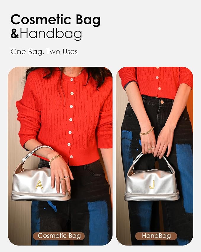 Sister Birthday Women Gift, Personalized Makeup Bag with Handle, Initial Double Layer Cosmetic Bag with Makeup Brush Organizer, Cute Cosmetic Pouch for Women, Gifts for Friends Female Mom