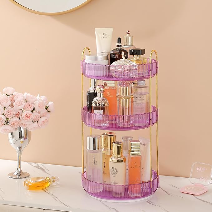 Aveniee Rotating Makeup Organizer for Vanity, Perfume Skincare Organizerss Large, Spinning Bathroom Counter Shelf Holder for Cosmetics, Skin Care, Lipsticks(3 Tiers, Purple)