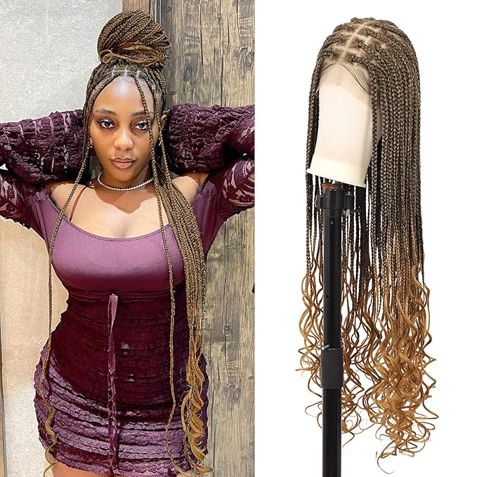 360° HD Full Lace Knotless Braided Wigs for Women Box Braid Wig with Curly End Braided Lace Front Wigs Hair Human Hair Blended Braid Wig with Baby Hair Light Brown 36Inch